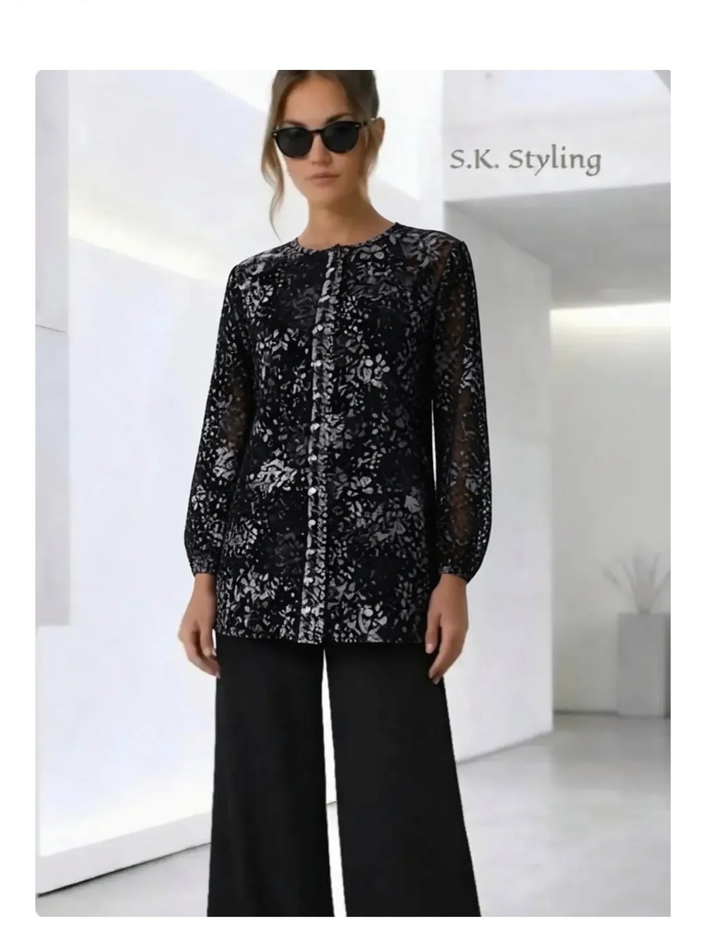 Isaac Mizrahi Abstract Stretch Crepe Button-up Tunic Blouse Pom Trim size 16 XL